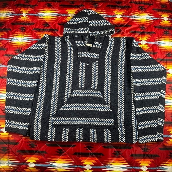 Poncho Youth Size Large Baja Mexican Blanket Pullover Hoodie Blue Drug Rug Winte